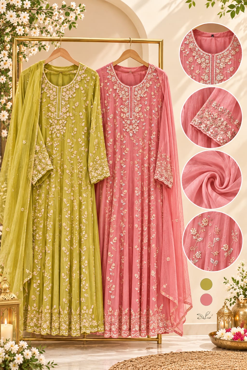 Fully Cut-Dana Hand Embroidered Heavy Panel Anarkali Full Suit Set With Dupatta In Chinon Fabric- 16324