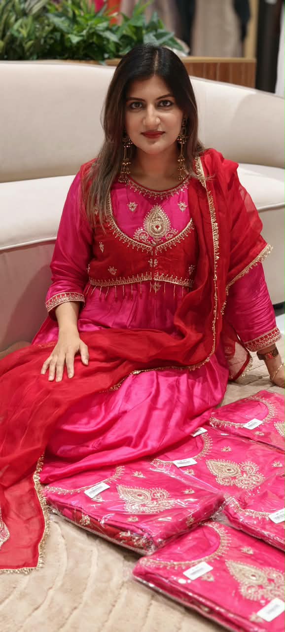 Premium Designer Look Vibrant Tone Waist-Coat Style Zardosi Embroidered Russian Silk Anarkali Full Suit Set With Dupatta- 16308