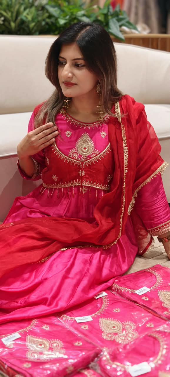 Premium Designer Look Vibrant Tone Waist-Coat Style Zardosi Embroidered Russian Silk Anarkali Full Suit Set With Dupatta- 16308