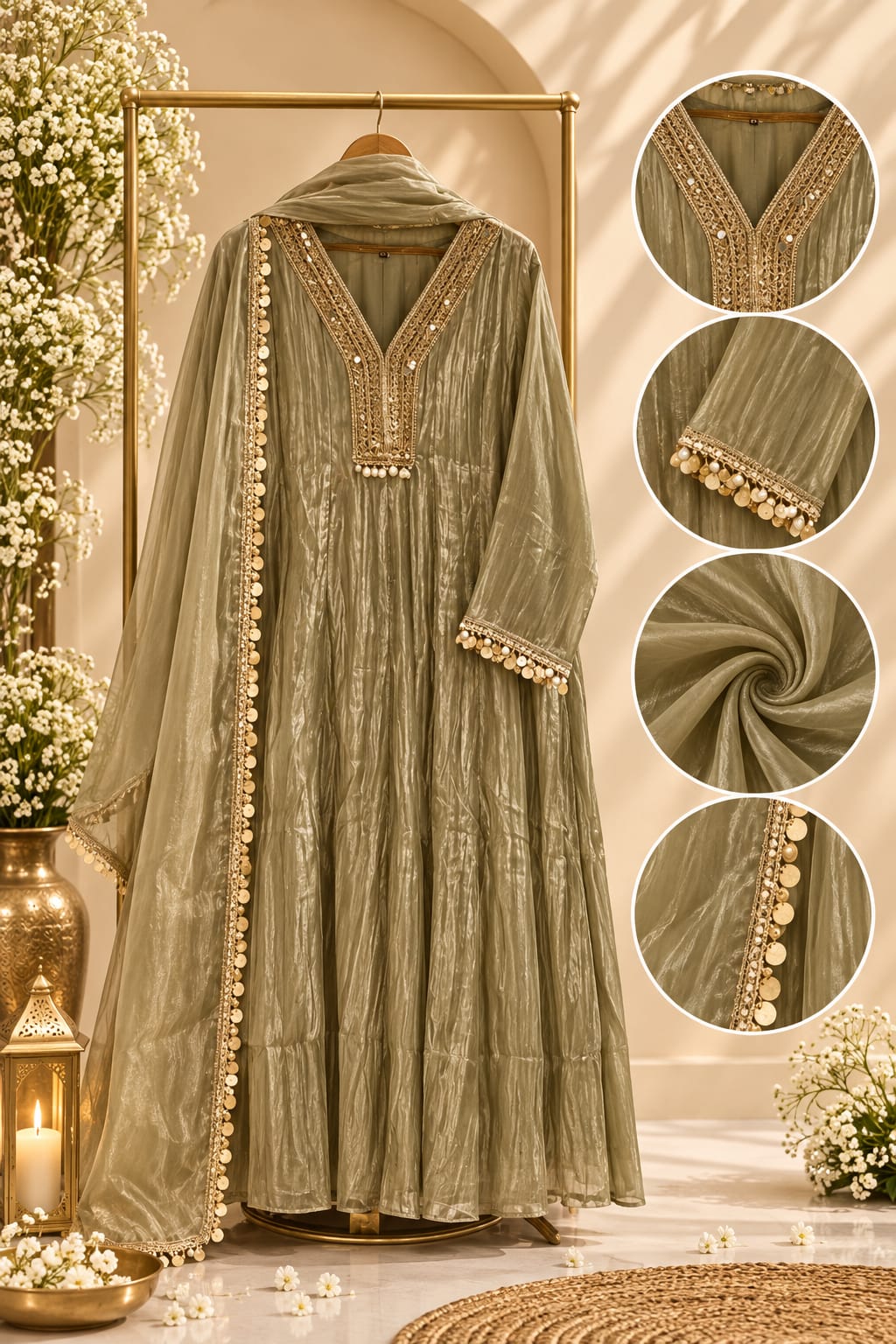 Premium Beaded Embroidery Neckline With Foil Coin Tassels Crush Tissue Panel Anarkali Full Suit Set With Dupatta- 16304