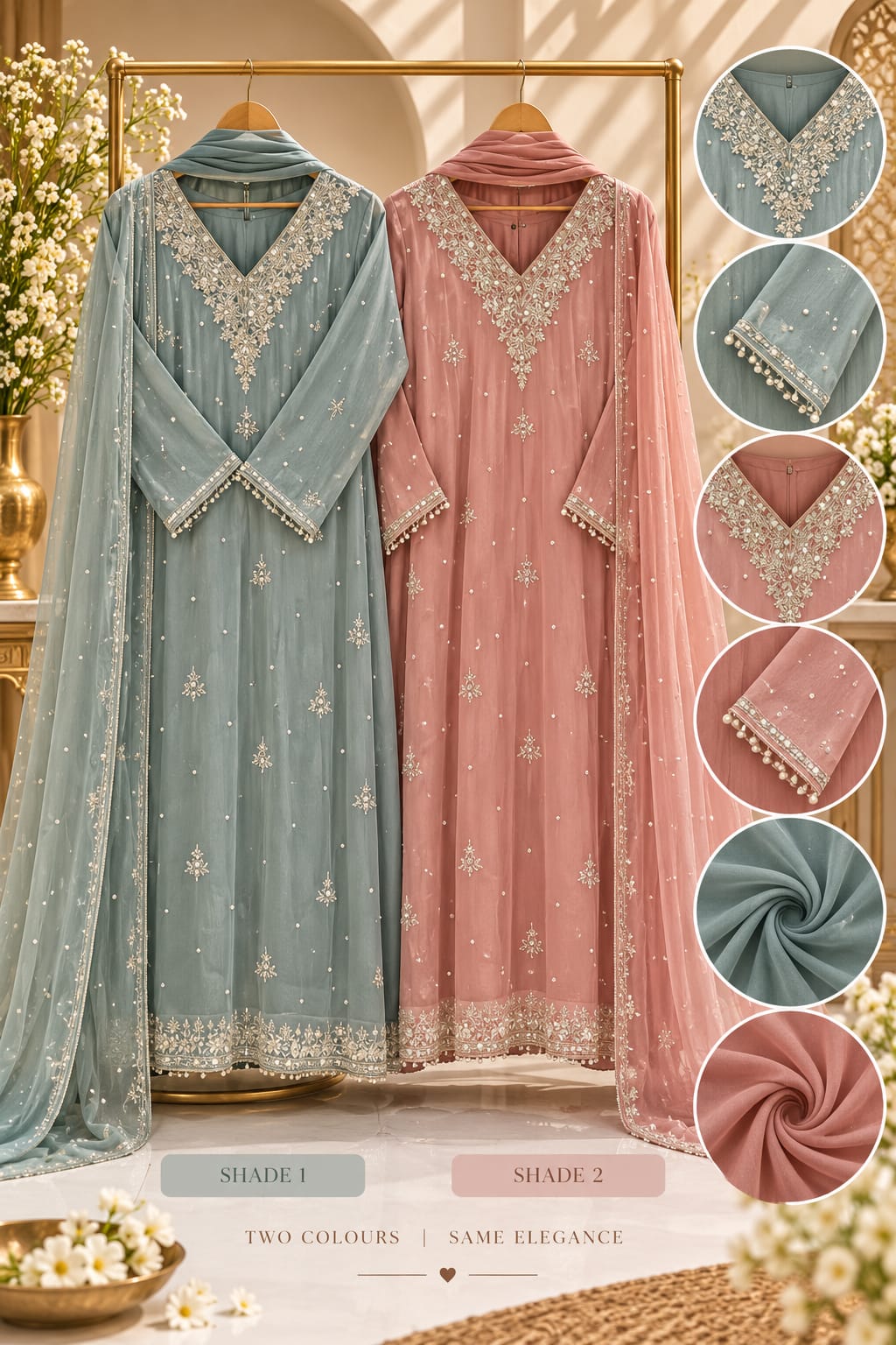 Elegant Real Mirror Zardosi Scattered Embroidery Chinon A-Line Full Suit Set With Dupatta- 16330