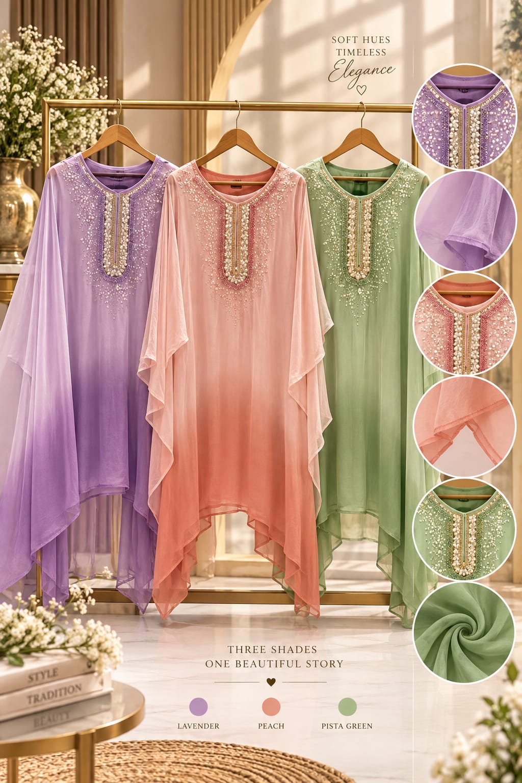 Elegant Cut-Dana Sequin Celestial Embroidery Yoke Soft Chiffon Kaftan With Inner & Bottom In Ombre Shade- 16334