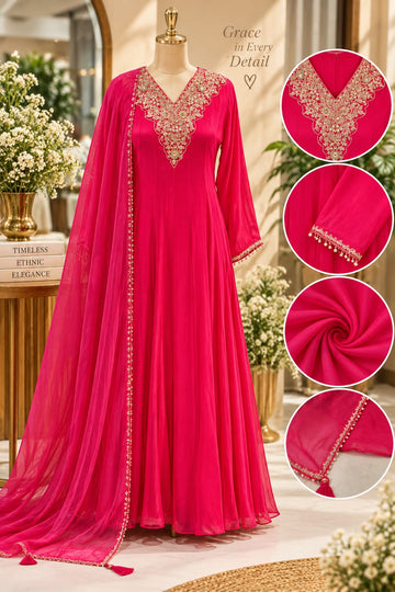 Fuschia Minimal Zardosi Intricate Embroidery Neckline Chinon Panel Anarkali Full Suit Set With Dupatta- 15859