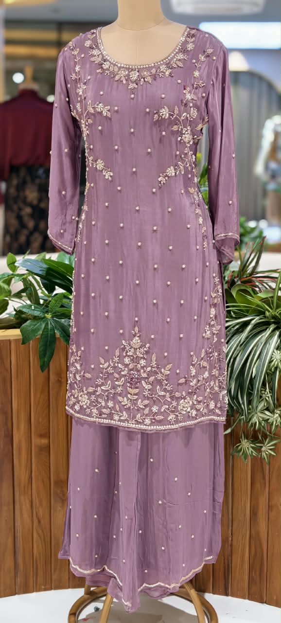 Elegant Blush Pearl & Zari Hand-Embroidered Chinon Straight Kurta Full Suit Set with Palazzo and Dupatta- 16329