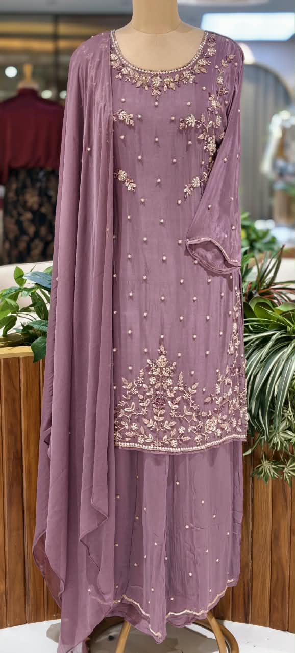 Elegant Blush Pearl & Zari Hand-Embroidered Chinon Straight Kurta Full Suit Set with Palazzo and Dupatta- 16329