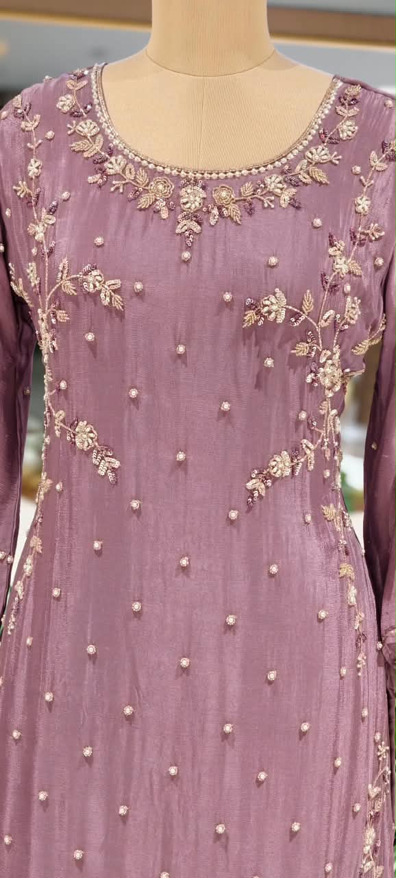 Elegant Blush Pearl & Zari Hand-Embroidered Chinon Straight Kurta Full Suit Set with Palazzo and Dupatta- 16329