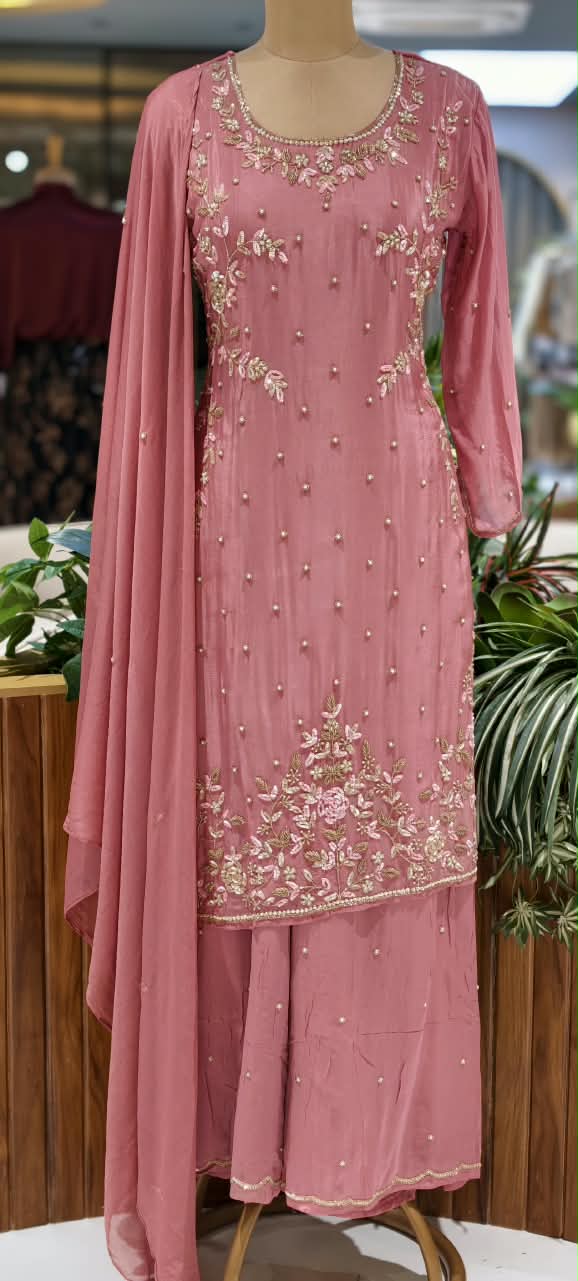Elegant Blush Pearl & Zari Hand-Embroidered Chinon Straight Kurta Full Suit Set with Palazzo and Dupatta- 16329