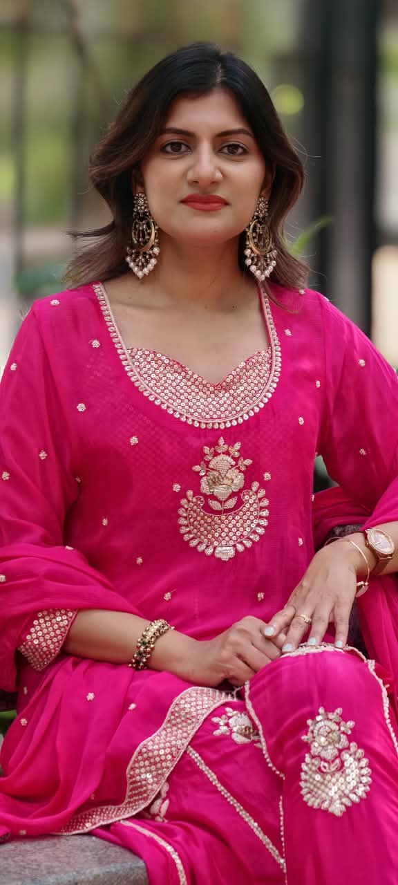 Rani Pink & Deep Purple Handcrafted Sequins Embroidered Kurti Palazzo Full Suit Set With Matching Dupatta- 16319