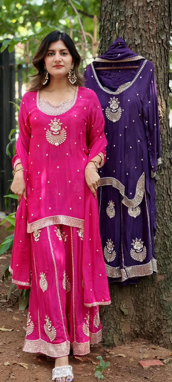 Rani Pink & Deep Purple Handcrafted Sequins Embroidered Kurti Palazzo Full Suit Set With Matching Dupatta- 16319