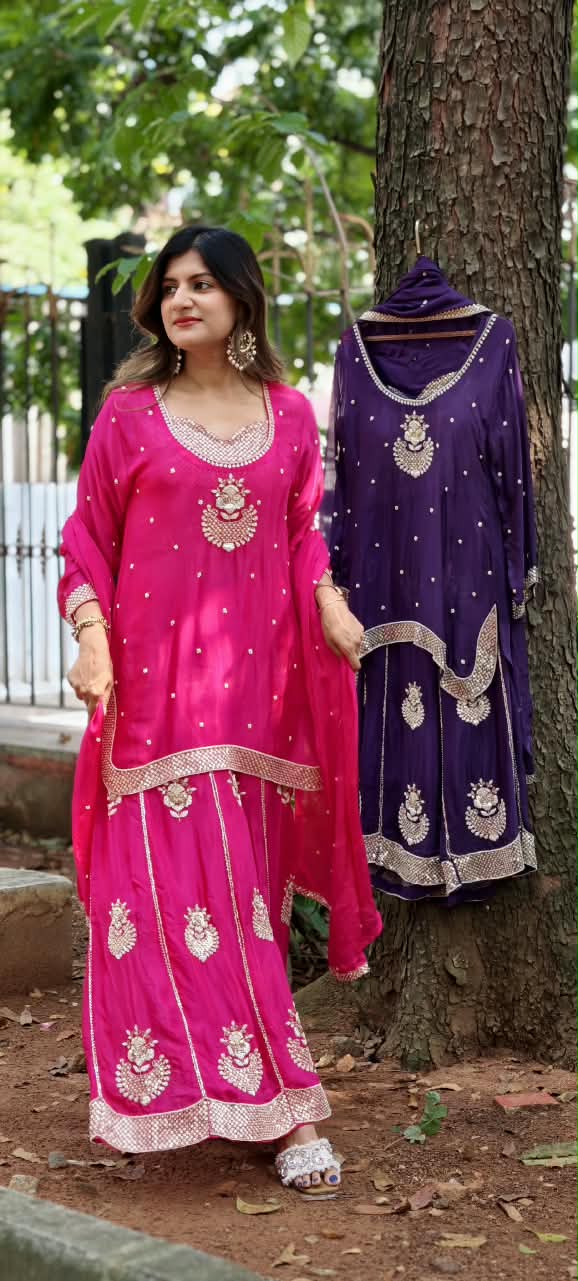 Rani Pink & Deep Purple Handcrafted Sequins Embroidered Kurti Palazzo Full Suit Set With Matching Dupatta- 16319