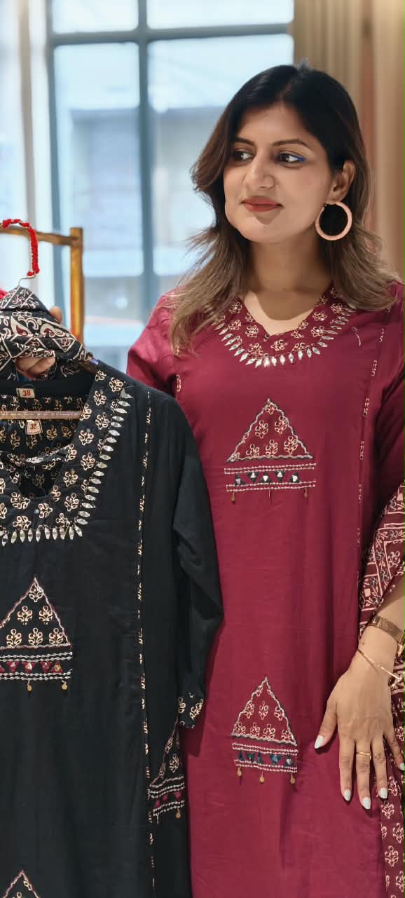 Geometric Patch Yoke Mirror Work  Side Panels Cotton Full Suit Set with Block Printed Dupatta- 16318