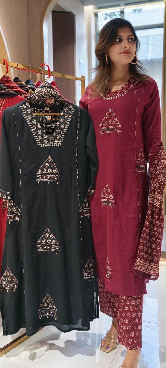 Geometric Patch Yoke Mirror Work  Side Panels Cotton Full Suit Set with Block Printed Dupatta- 16318