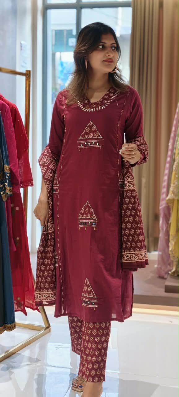 Geometric Patch Yoke Mirror Work  Side Panels Cotton Full Suit Set with Block Printed Dupatta- 16318