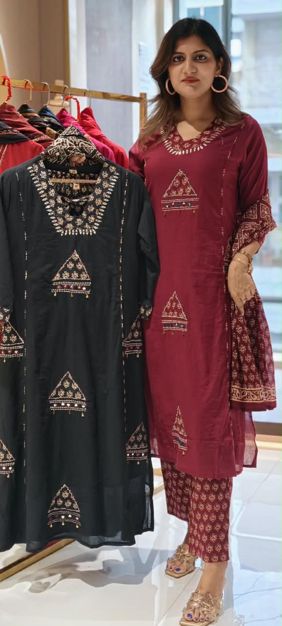 Geometric Patch Yoke Mirror Work  Side Panels Cotton Full Suit Set with Block Printed Dupatta- 16318