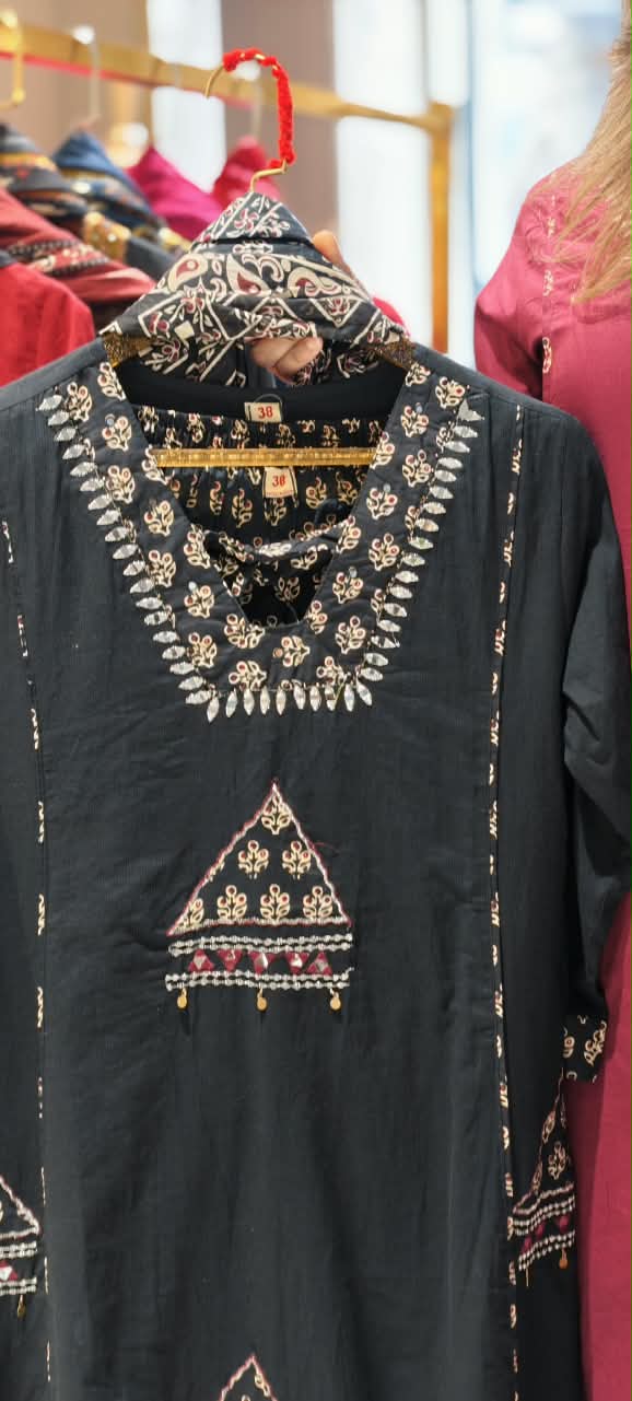 Geometric Patch Yoke Mirror Work  Side Panels Cotton Full Suit Set with Block Printed Dupatta- 16318