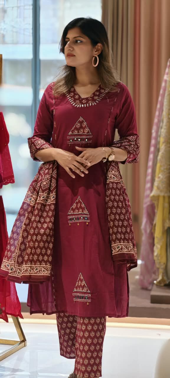 Geometric Patch Yoke Mirror Work  Side Panels Cotton Full Suit Set with Block Printed Dupatta- 16318