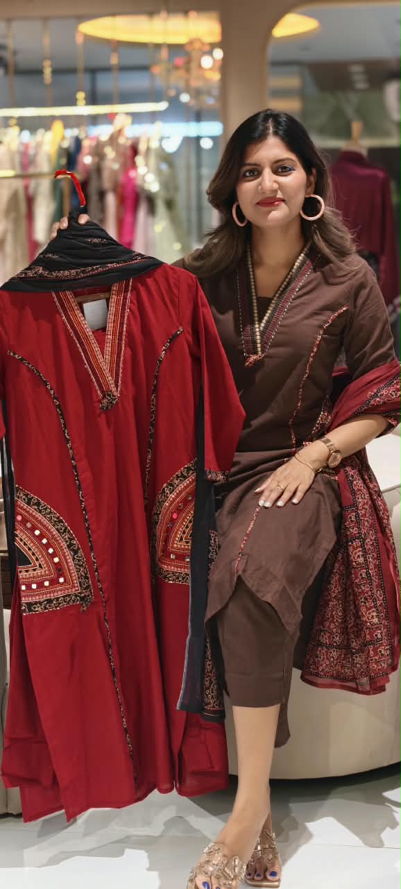 V-Neck Ethnic Ajrakh Applique Printed Straight Cotton Full Suit Set with Dupatta- 16316