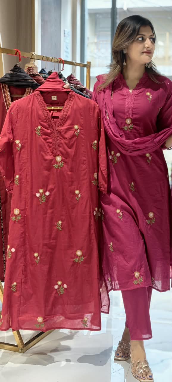 Lace Trimmed Neckline Tiny Floral Embroidery Sili Cotton Full Suit Set With Dupatta- 16317