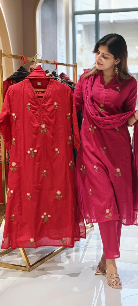 Lace Trimmed Neckline Tiny Floral Embroidery Sili Cotton Full Suit Set With Dupatta- 16317