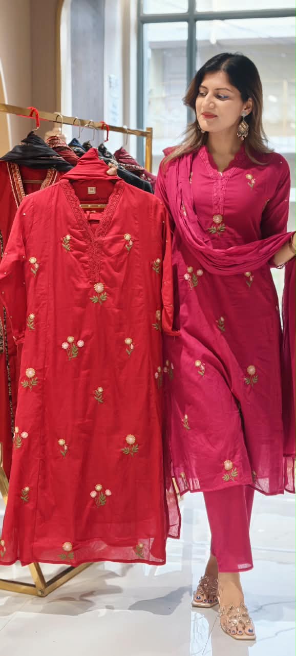 Lace Trimmed Neckline Tiny Floral Embroidery Sili Cotton Full Suit Set With Dupatta- 16317