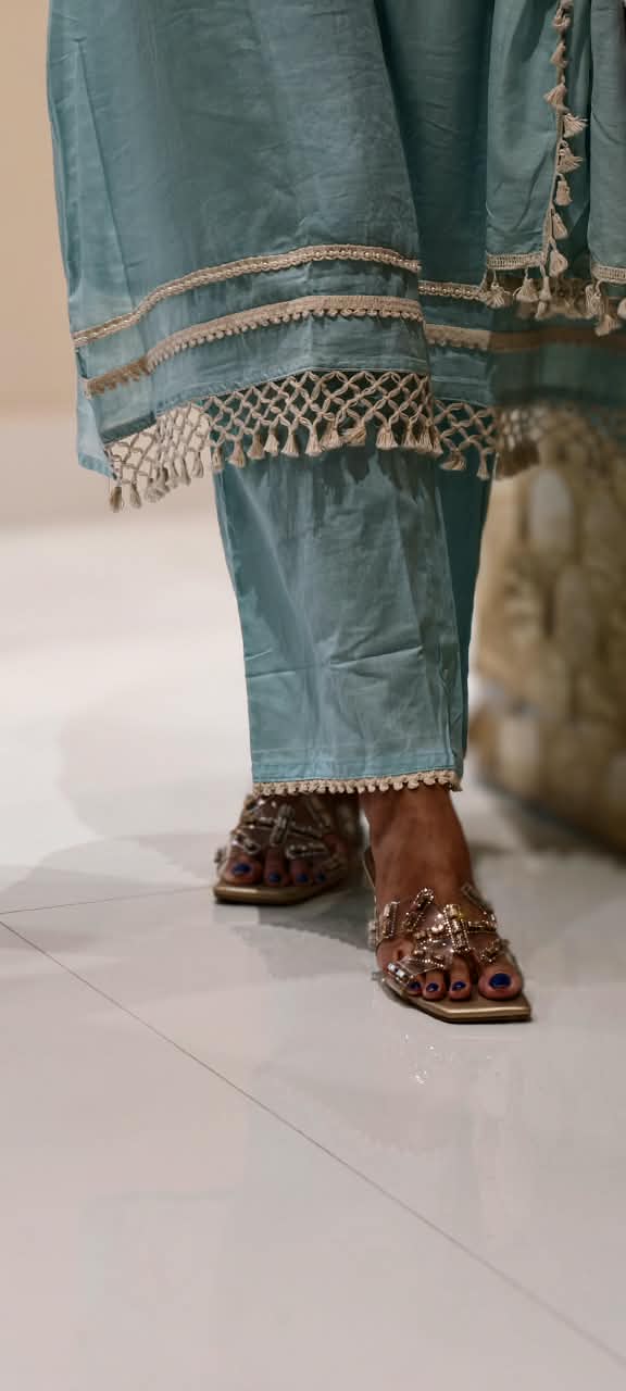 Lean Fit Handcrafted Mirror Work Yoke Full Suit Set with Sheer Scalloped Fringe Borders & Dupatta In Mul-Cotton Fabric- 16315
