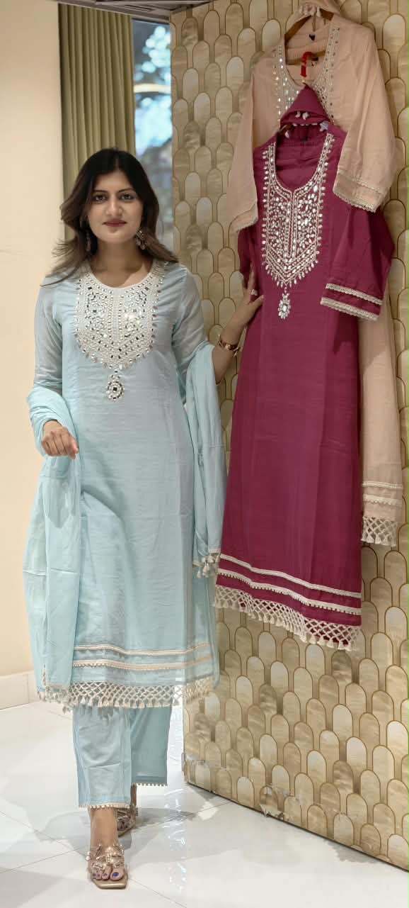 Lean Fit Handcrafted Mirror Work Yoke Full Suit Set with Sheer Scalloped Fringe Borders & Dupatta In Mul-Cotton Fabric- 16315