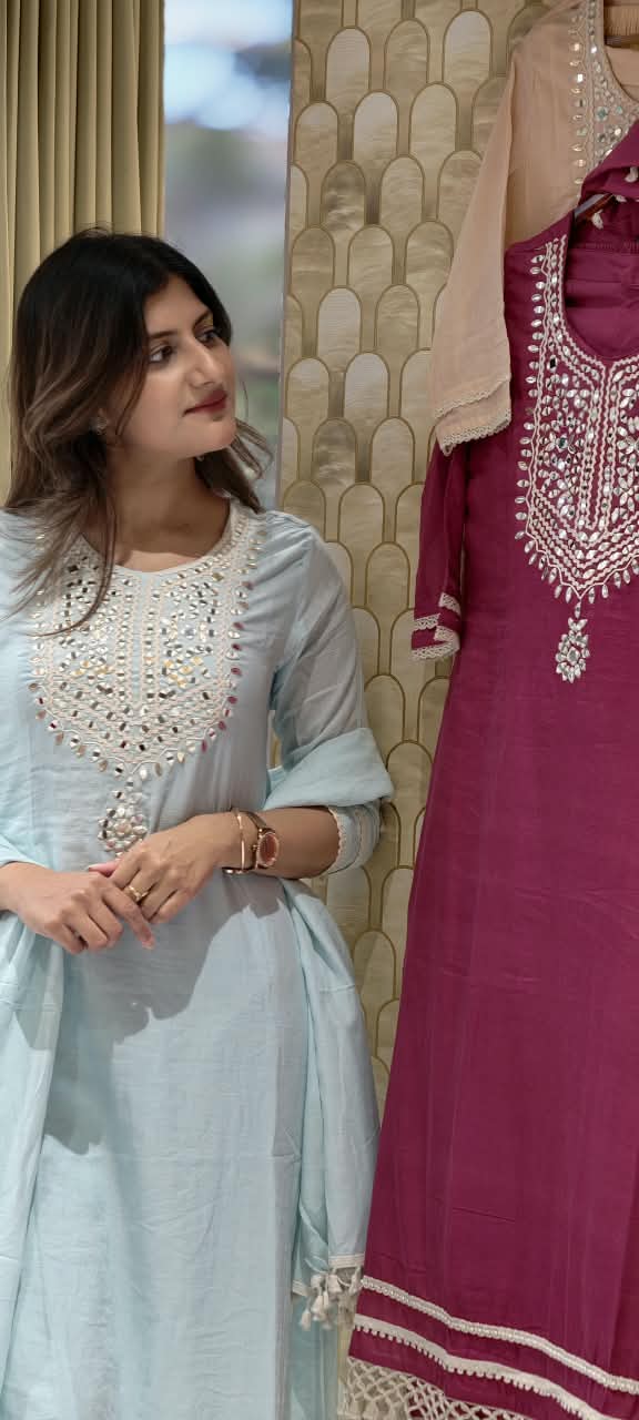Lean Fit Handcrafted Mirror Work Yoke Full Suit Set with Sheer Scalloped Fringe Borders & Dupatta In Mul-Cotton Fabric- 16315
