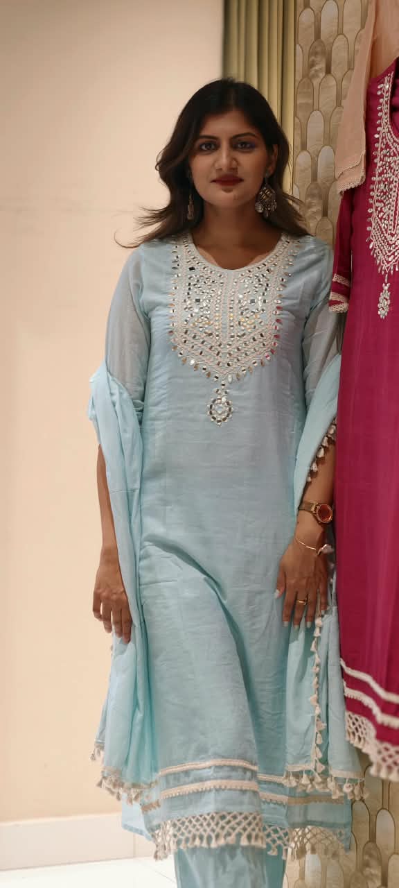 Lean Fit Handcrafted Mirror Work Yoke Full Suit Set with Sheer Scalloped Fringe Borders & Dupatta In Mul-Cotton Fabric- 16315