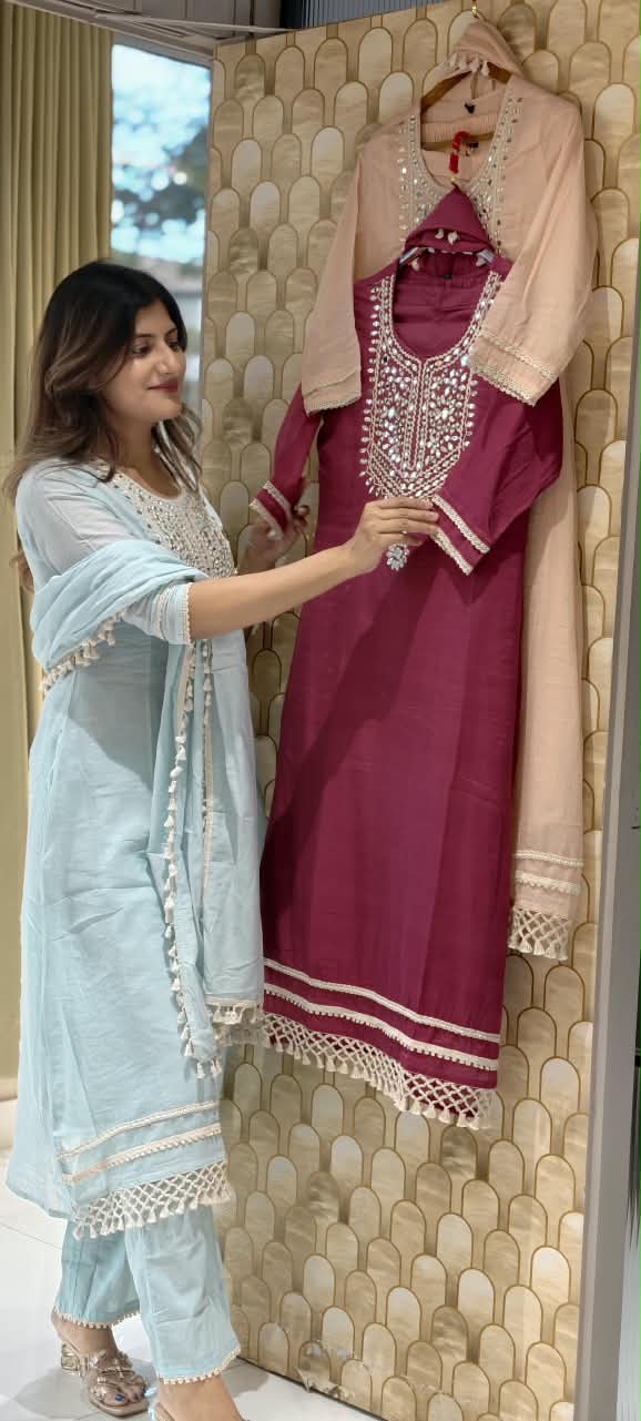 Lean Fit Handcrafted Mirror Work Yoke Full Suit Set with Sheer Scalloped Fringe Borders & Dupatta In Mul-Cotton Fabric- 16315
