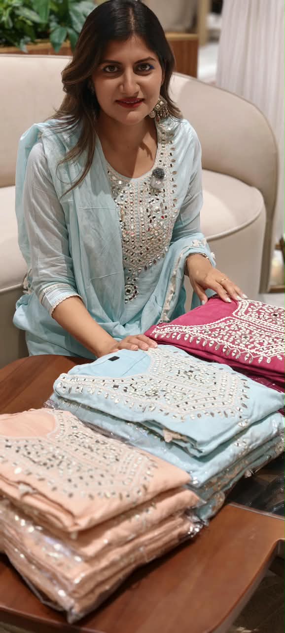 Lean Fit Handcrafted Mirror Work Yoke Full Suit Set with Sheer Scalloped Fringe Borders & Dupatta In Mul-Cotton Fabric- 16315
