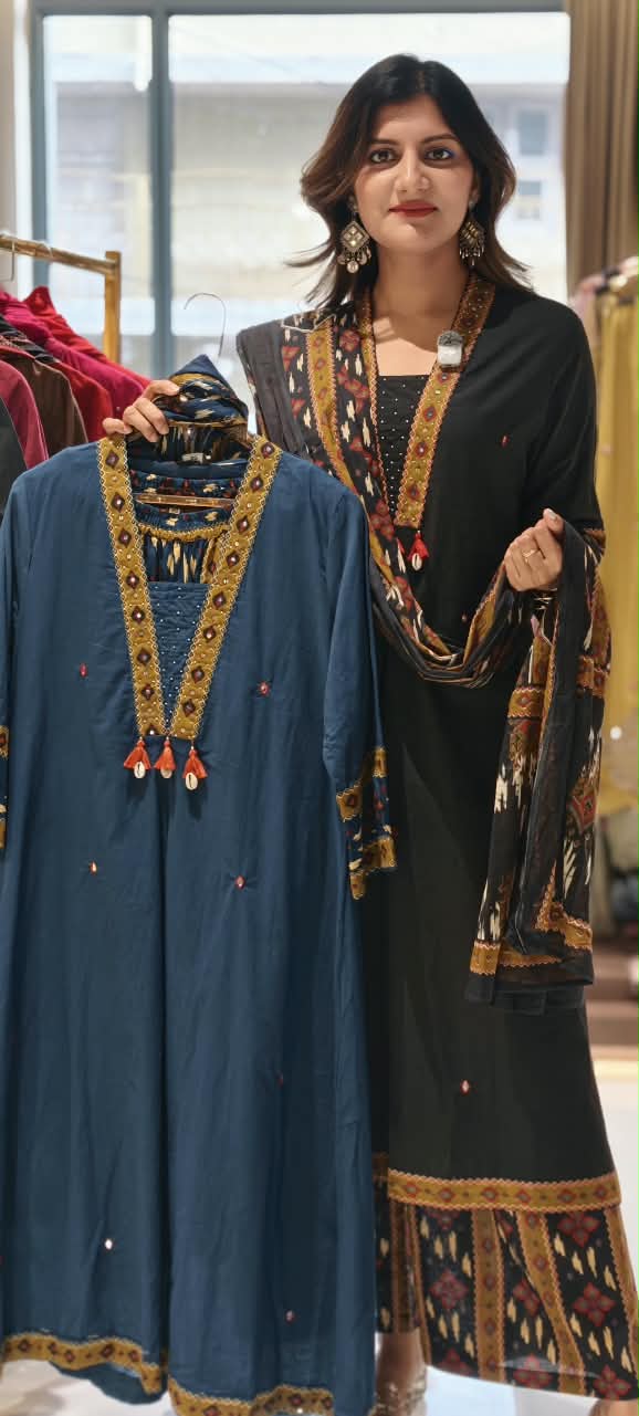 Classic Printed V-Neck Tassel Accent A-Line Cotoon Full Suit Set With Dupatta & Printed Bottom- 16250 6250