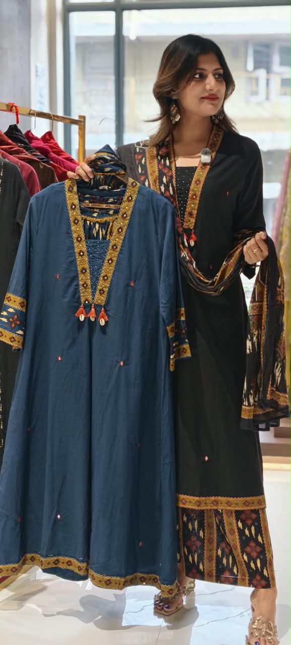 Classic Printed V-Neck Tassel Accent A-Line Cotoon Full Suit Set With Dupatta & Printed Bottom- 16250 6250