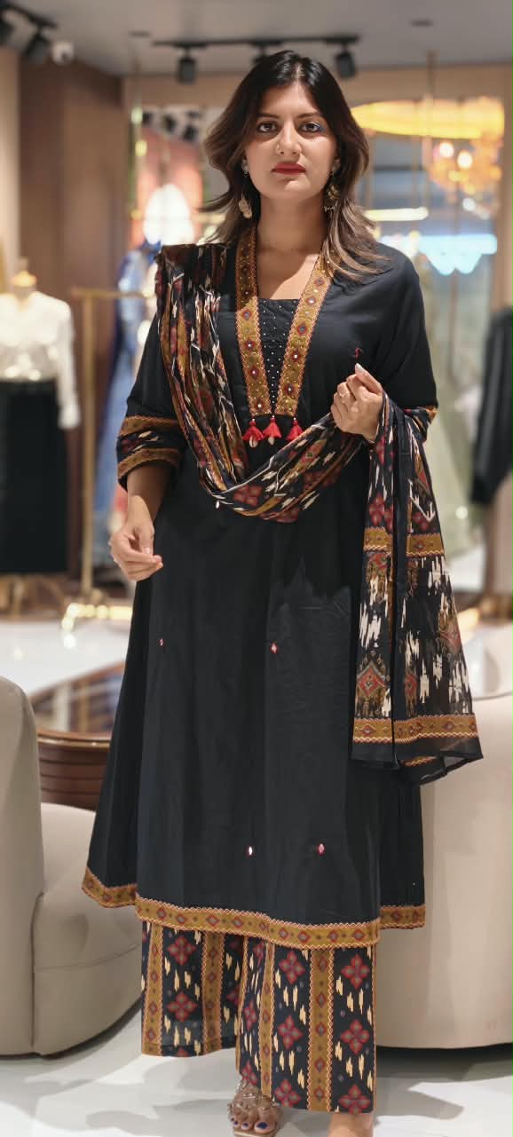 Classic Printed V-Neck Tassel Accent A-Line Cotoon Full Suit Set With Dupatta & Printed Bottom- 16250 6250