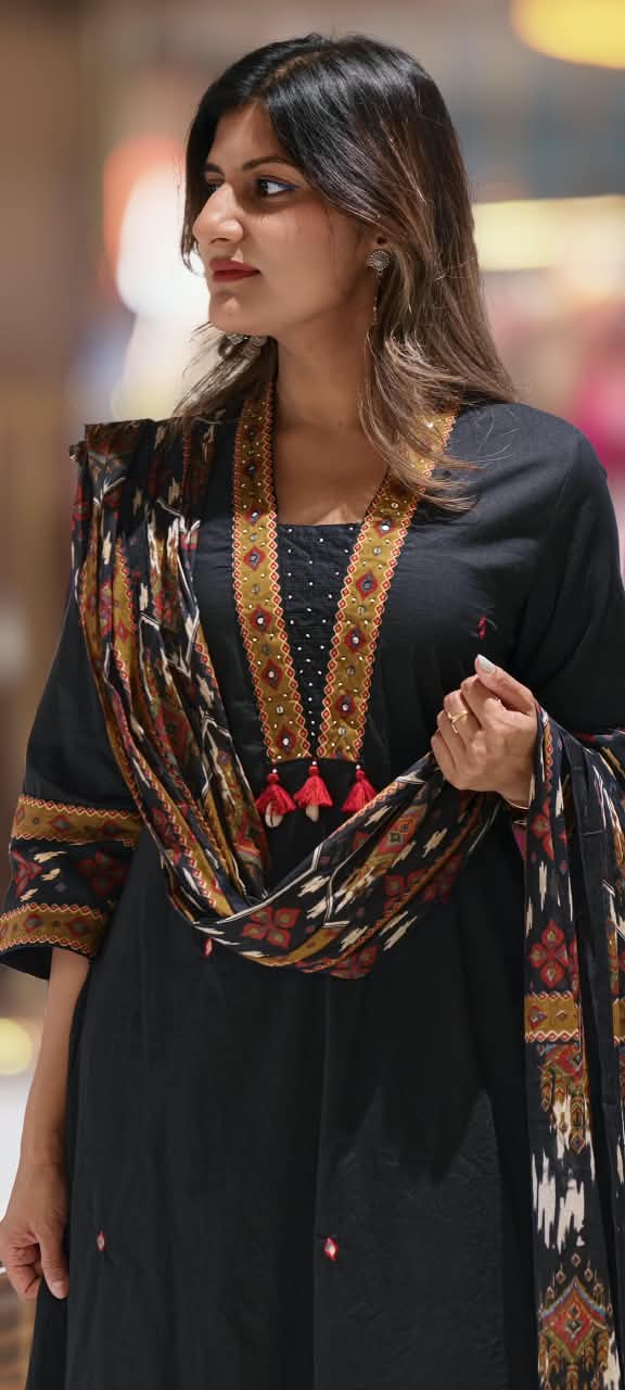 Classic Printed V-Neck Tassel Accent A-Line Cotoon Full Suit Set With Dupatta & Printed Bottom- 16250 6250
