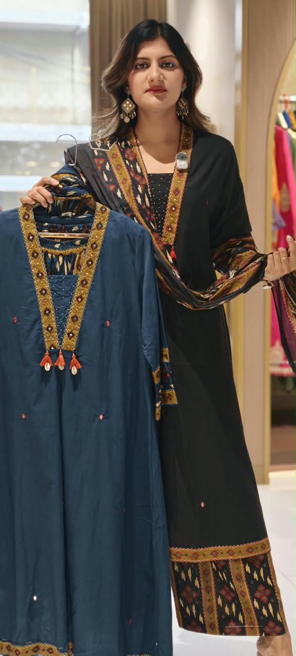 Classic Printed V-Neck Tassel Accent A-Line Cotoon Full Suit Set With Dupatta & Printed Bottom- 16250 6250