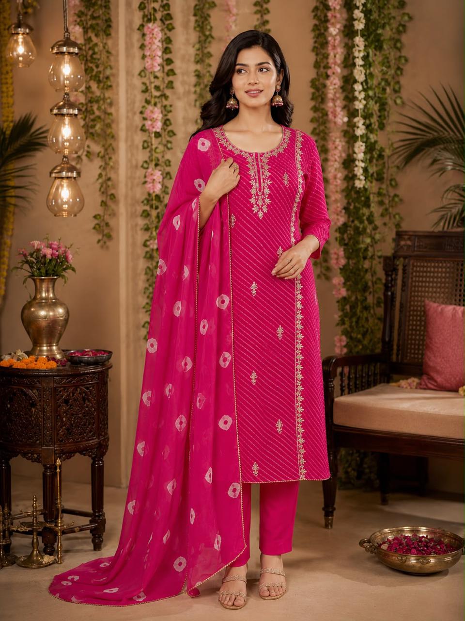 Gotta Leaf Zardosi Embroidered Leheriya Elegance Vibrant Georgette Full Suit Set With Dupatta- 15709