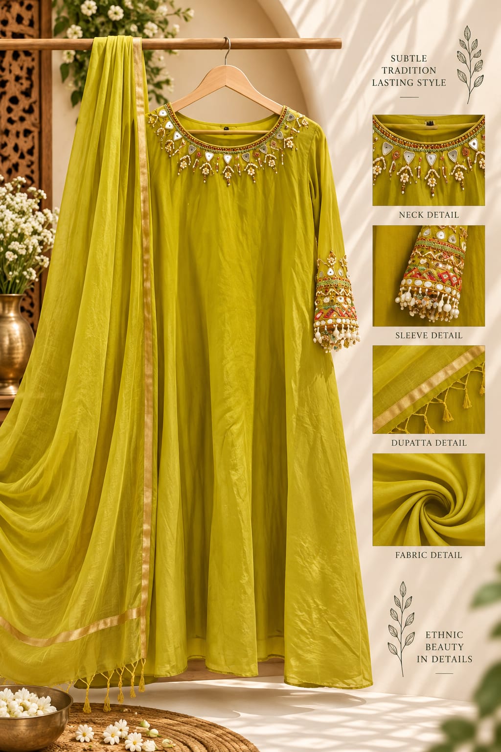 Cowrie Shell Beadwork Dangles Accent Neckline & Sleeves A-Line Full Suit Set With Dupatta- 16354