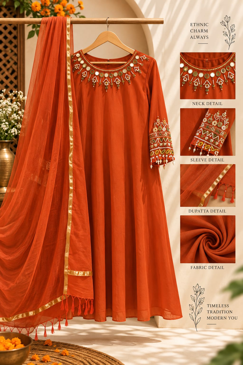 Cowrie Shell Beadwork Dangles Accent Neckline & Sleeves A-Line Full Suit Set With Dupatta- 16354
