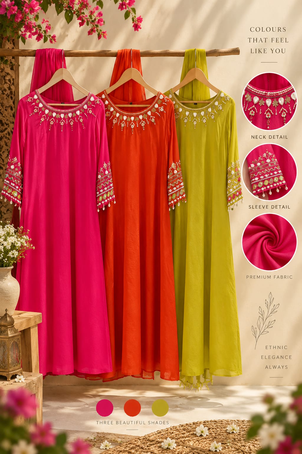 Cowrie Shell Beadwork Dangles Accent Neckline & Sleeves A-Line Full Suit Set With Dupatta- 16354