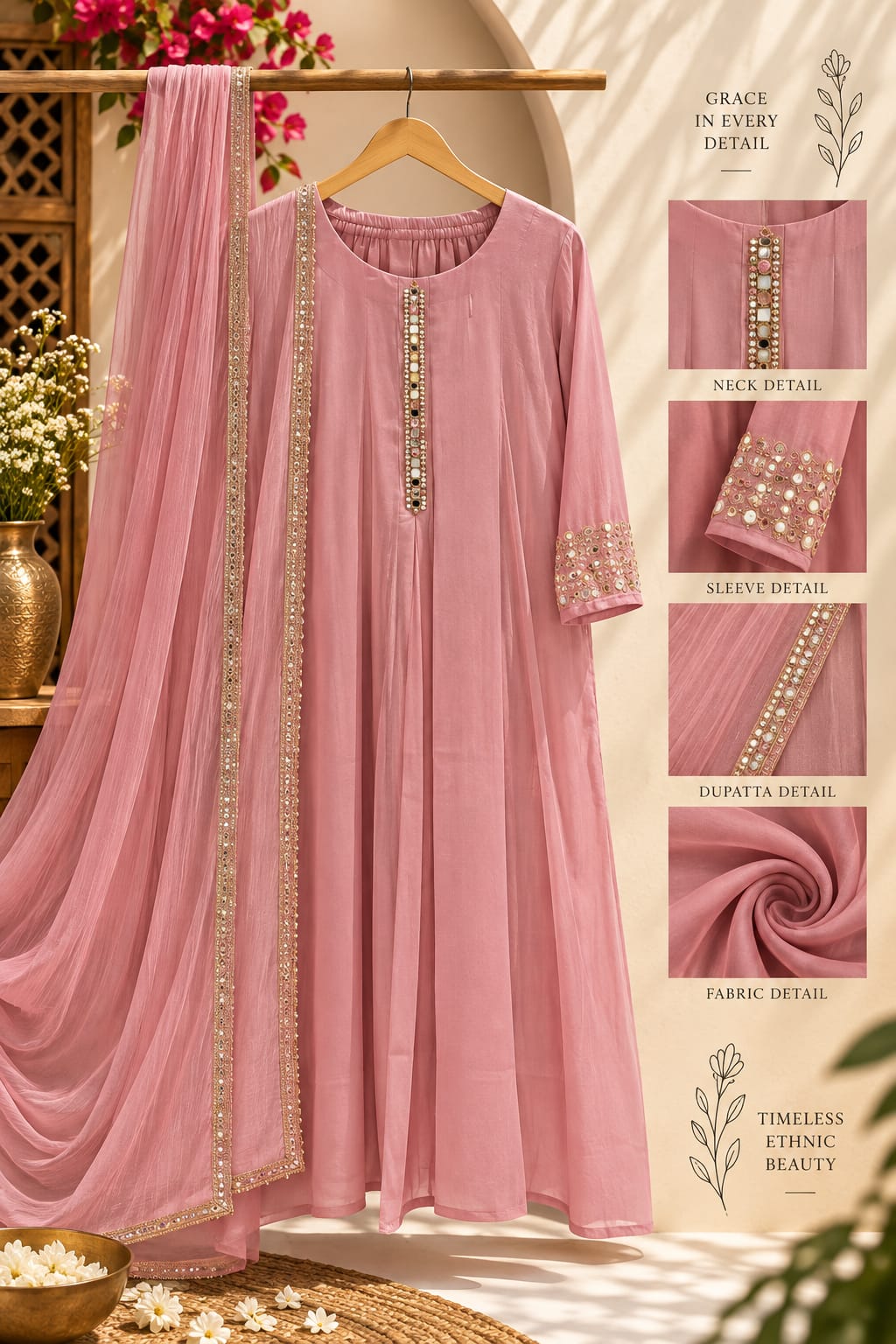 Elegant Seesha Work Over Sleeve & Neckline Surat Mul-Chanderi Panel Anarkali Full Suit Set With Dupatta- 16371