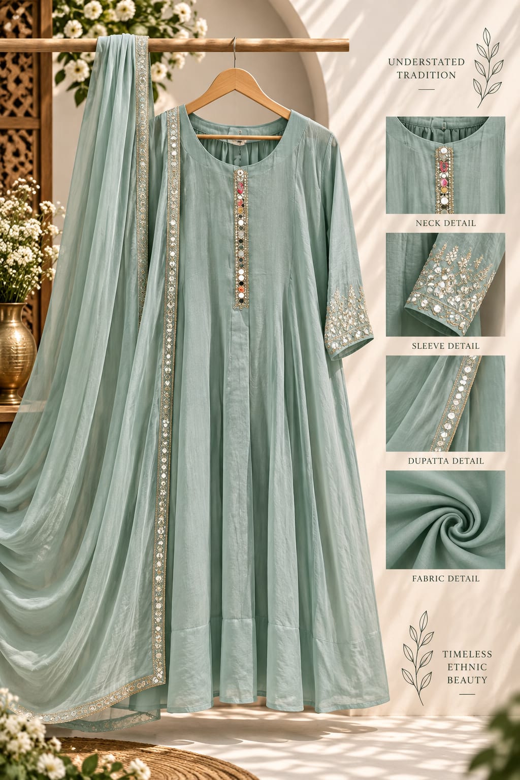 Elegant Seesha Work Over Sleeve & Neckline Surat Mul-Chanderi Panel Anarkali Full Suit Set With Dupatta- 16371