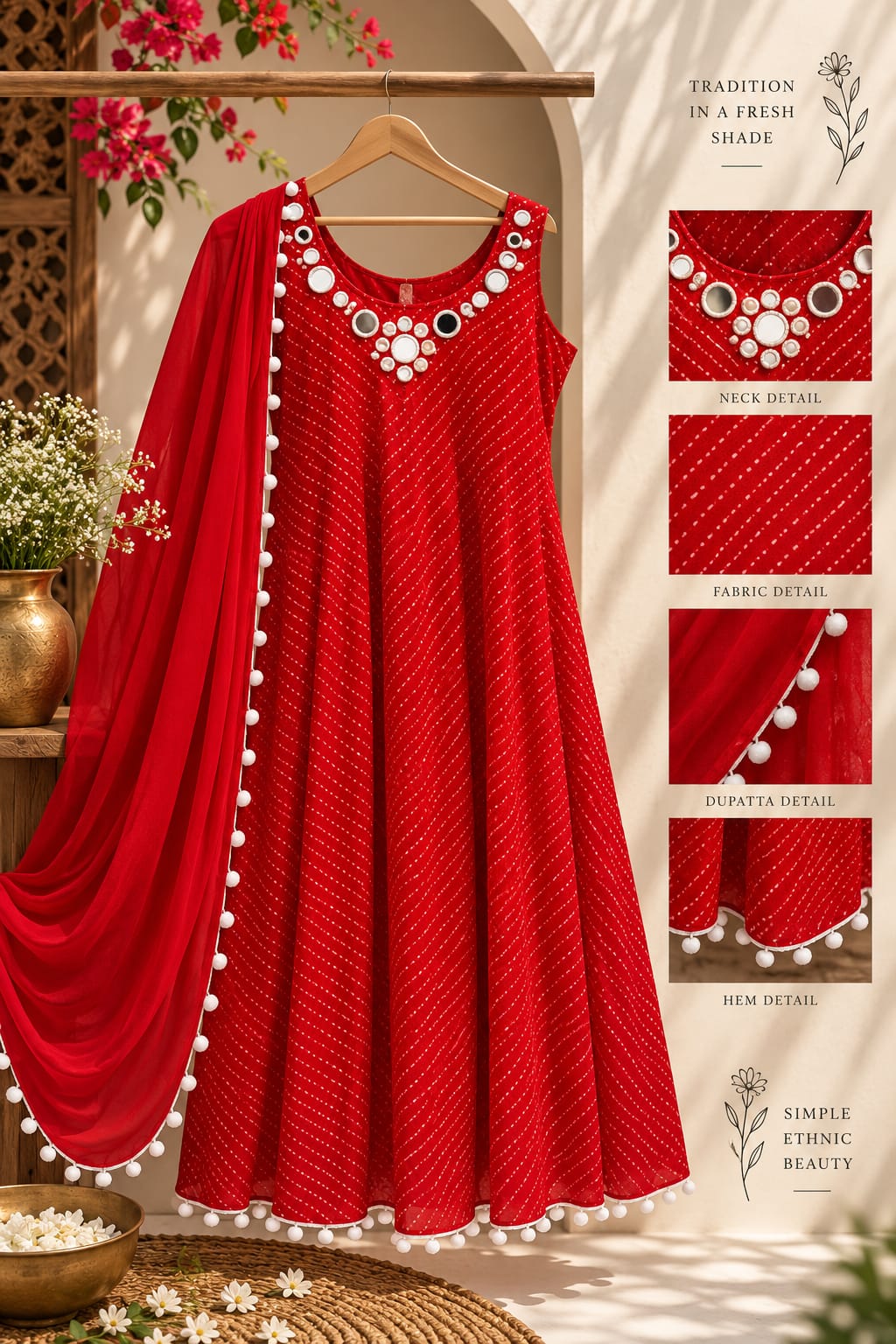 Real Mirror Rounded Neckline Leheriya Print Semi Georgette Panel Anarkali Full Suit Set With Pom-Pom Dupatta- 16377