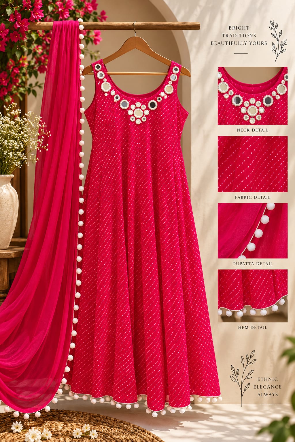 Real Mirror Rounded Neckline Leheriya Print Semi Georgette Panel Anarkali Full Suit Set With Pom-Pom Dupatta- 16377