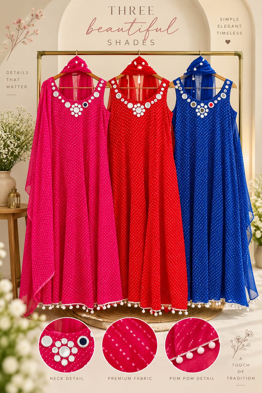 Real Mirror Rounded Neckline Leheriya Print Semi Georgette Panel Anarkali Full Suit Set With Pom-Pom Dupatta- 16377