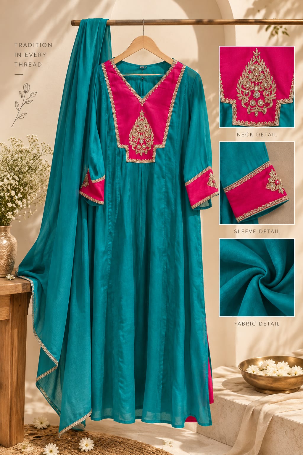 Vibrant Tone Contrasted Zardosi Work Anarkali Pure Banarsi Mul-Chanderi A-Line Full Suit Set With Dupatta- 16356
