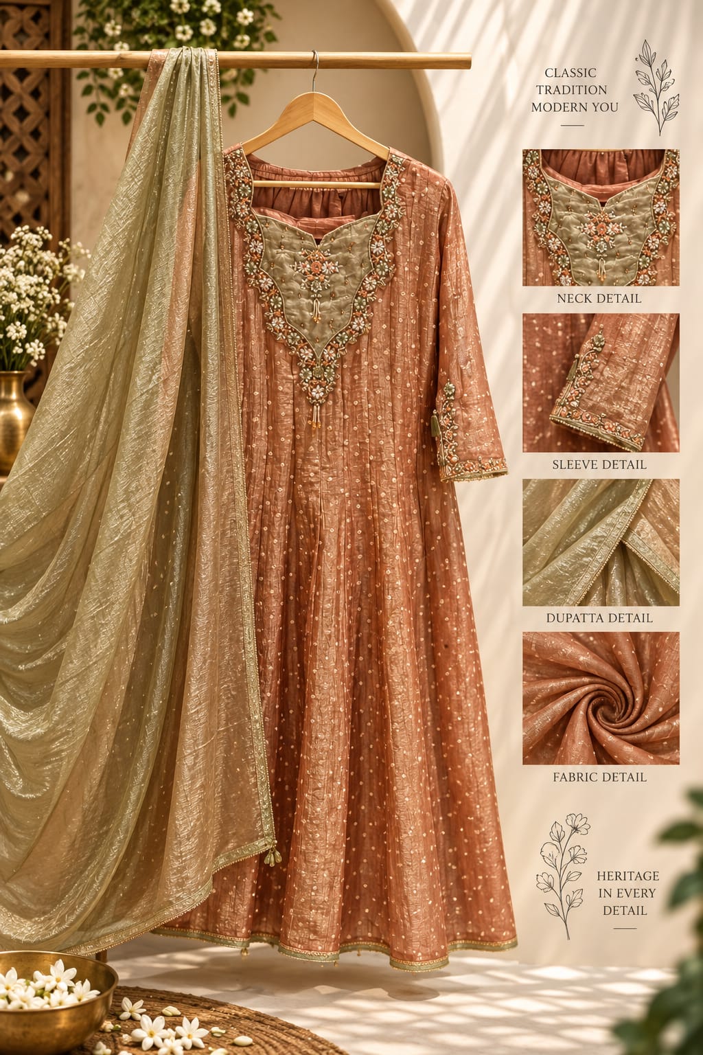 Floral Teardrop Stone Work Yoke Weaving Crush Tissue Anarkali Full Suit Set With Dupatta- 16362
