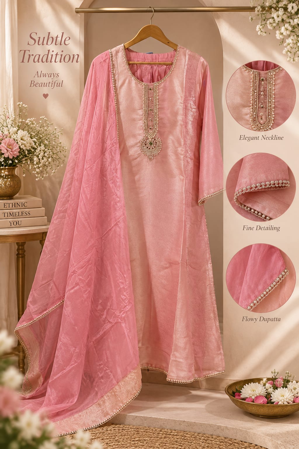 Pure Kundan Look Front Work Blush Pink A-Line Kanchipuram Silk Full Suit Set With Dupatta- 16382