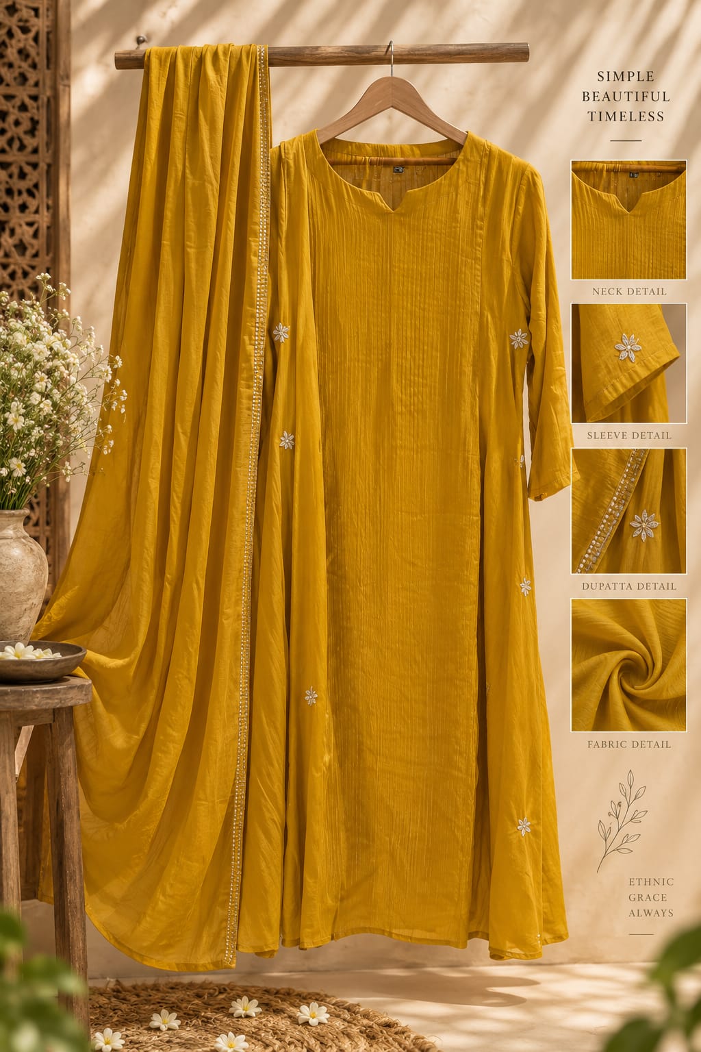 Cheerful Mustard Golden Striped Minimal Embroidery Work A-Line Full Suit Set With Dupatta- 16350