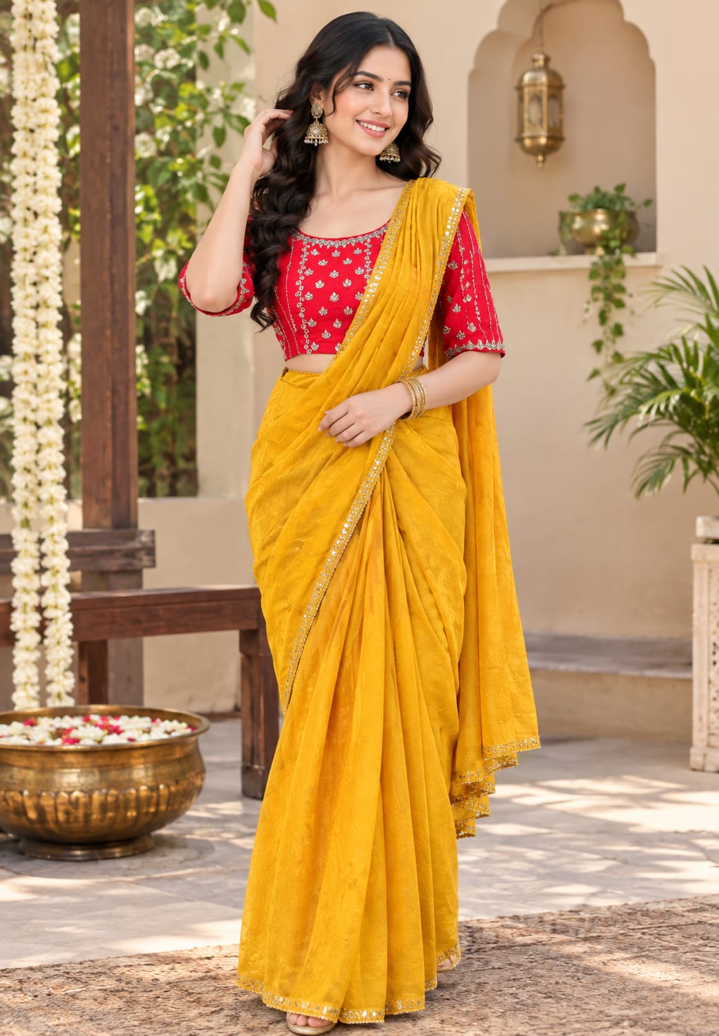 Rich Mirror Work Placement Embroidery Heavy Stitched Blouse With Contrasted Tone Saree- 16051