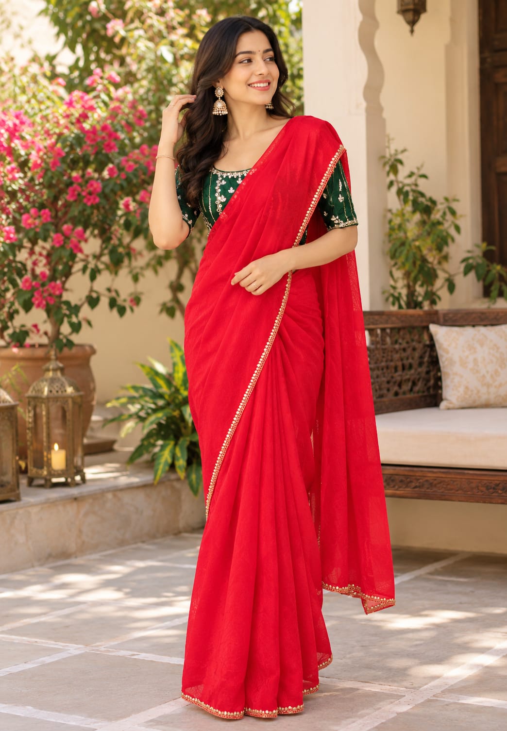 Rich Mirror Work Placement Embroidery Heavy Stitched Blouse With Contrasted Tone Saree- 16051